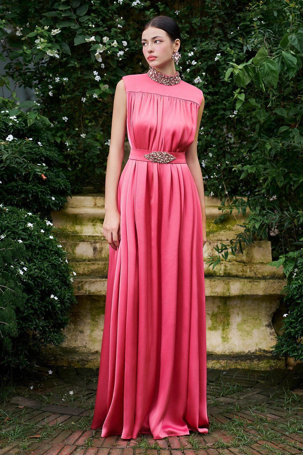 Women's Mendoza Pleated High Neck Poly Silk Floor Length Dress XS/S/M/L/XL/XXL/Customize Pink Mean Blvd Pink / Customize