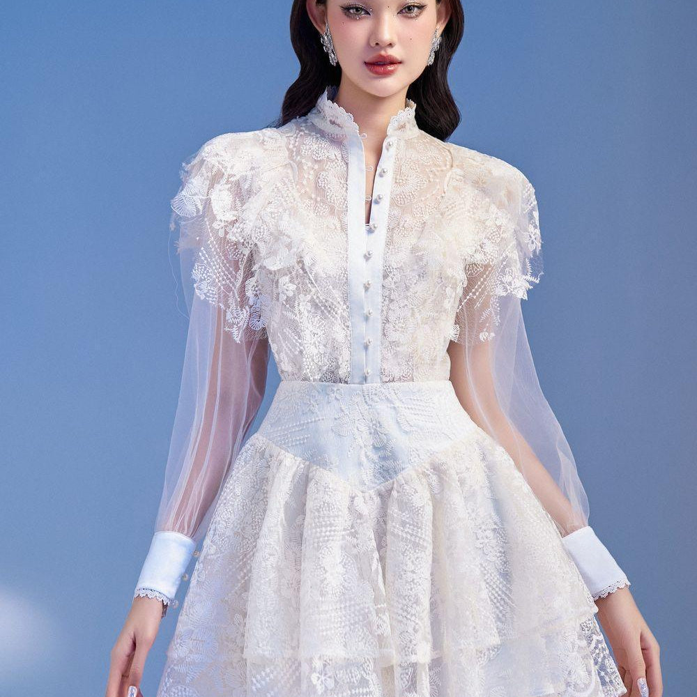 Meria Layered Cuff Sleeved Lace Mini Dress - MEAN BLVD