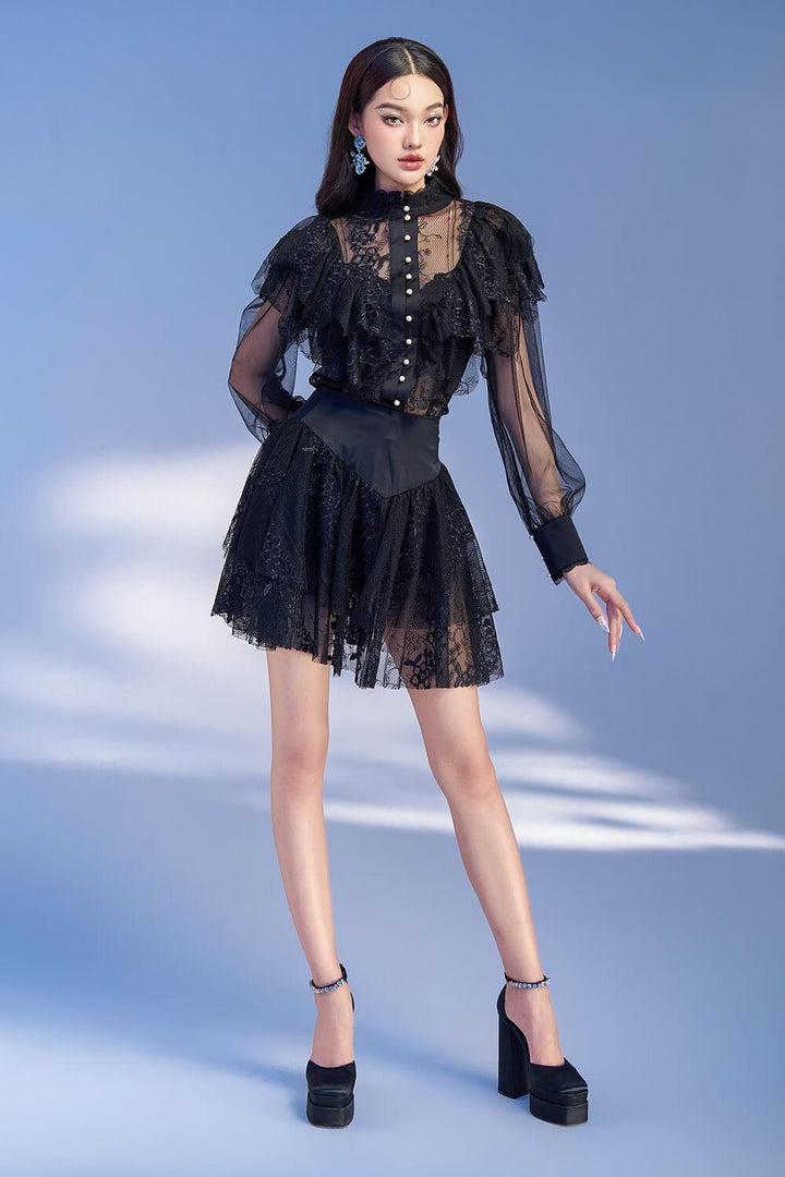 Meria Layered Cuff Sleeved Lace Mini Dress - MEAN BLVD