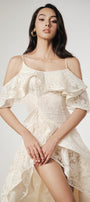 Mermaid Asymmetric Cold Shoulder Sleeved Mesh Lace Ankle Length Dress - MEAN BLVD