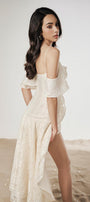 Mermaid Asymmetric Cold Shoulder Sleeved Mesh Lace Ankle Length Dress - MEAN BLVD