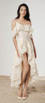 Mermaid Asymmetric Cold Shoulder Sleeved Mesh Lace Ankle Length Dress - MEAN BLVD