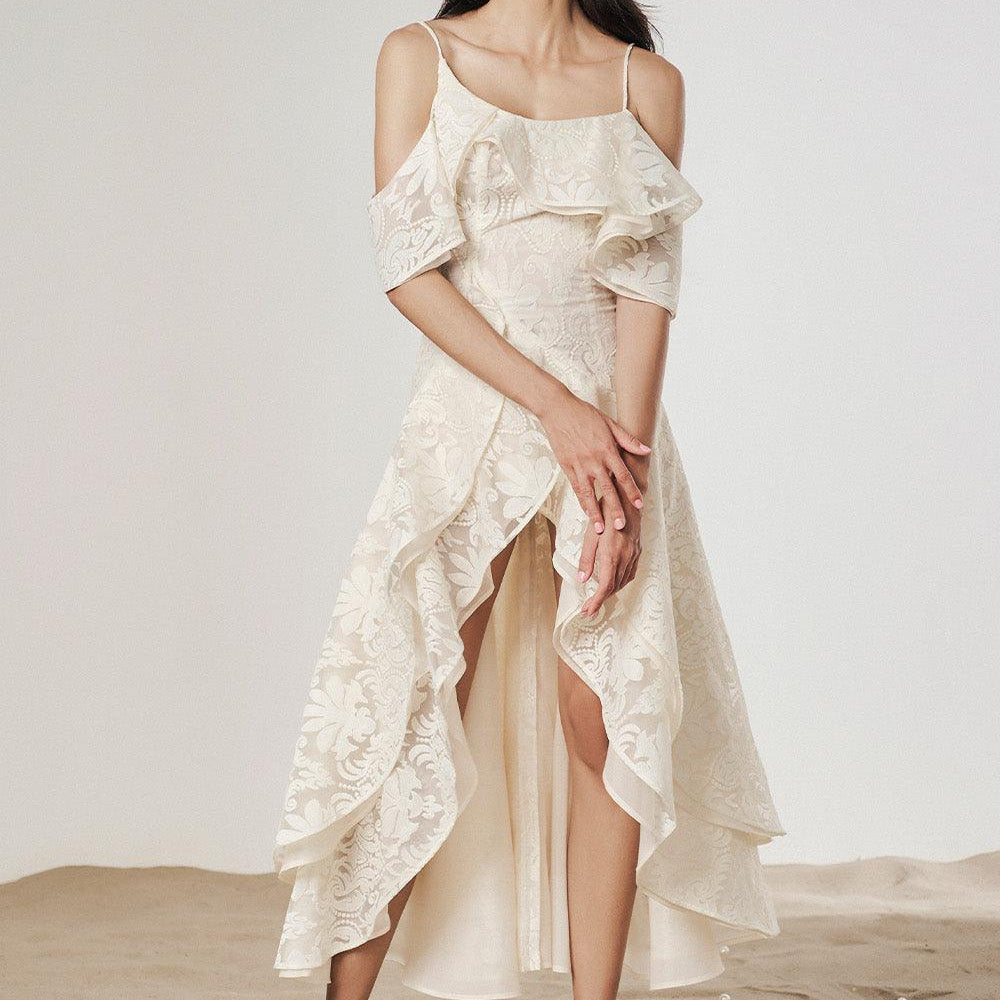 Mermaid Asymmetric Cold Shoulder Sleeved Mesh Lace Ankle Length Dress - MEAN BLVD