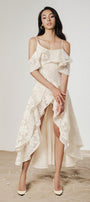 Mermaid Asymmetric Cold Shoulder Sleeved Mesh Lace Ankle Length Dress - MEAN BLVD