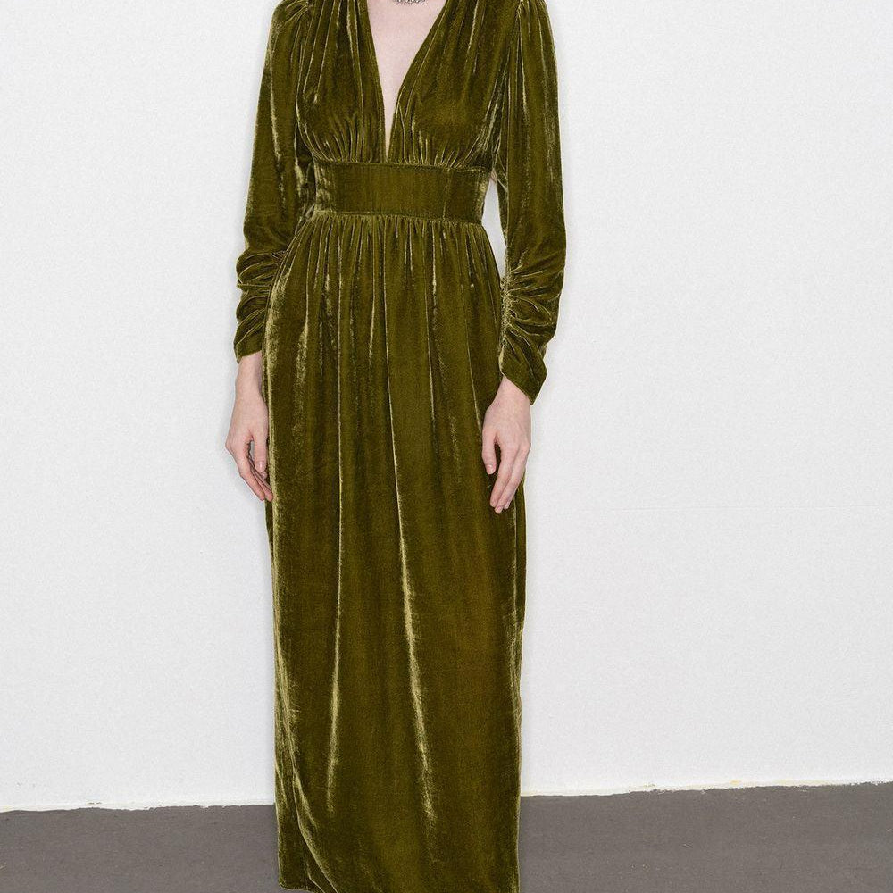 Women's Mia Gathered V-Neck Velvet Maxi Dress S/M/L Moss Green/Dark Green MEAN BLVD, S / Moss Green Women's Mia Gathered V-Neck Velvet Maxi Dress S/M/L Moss Green/Dark Green MEAN BLVD, S / Moss Green