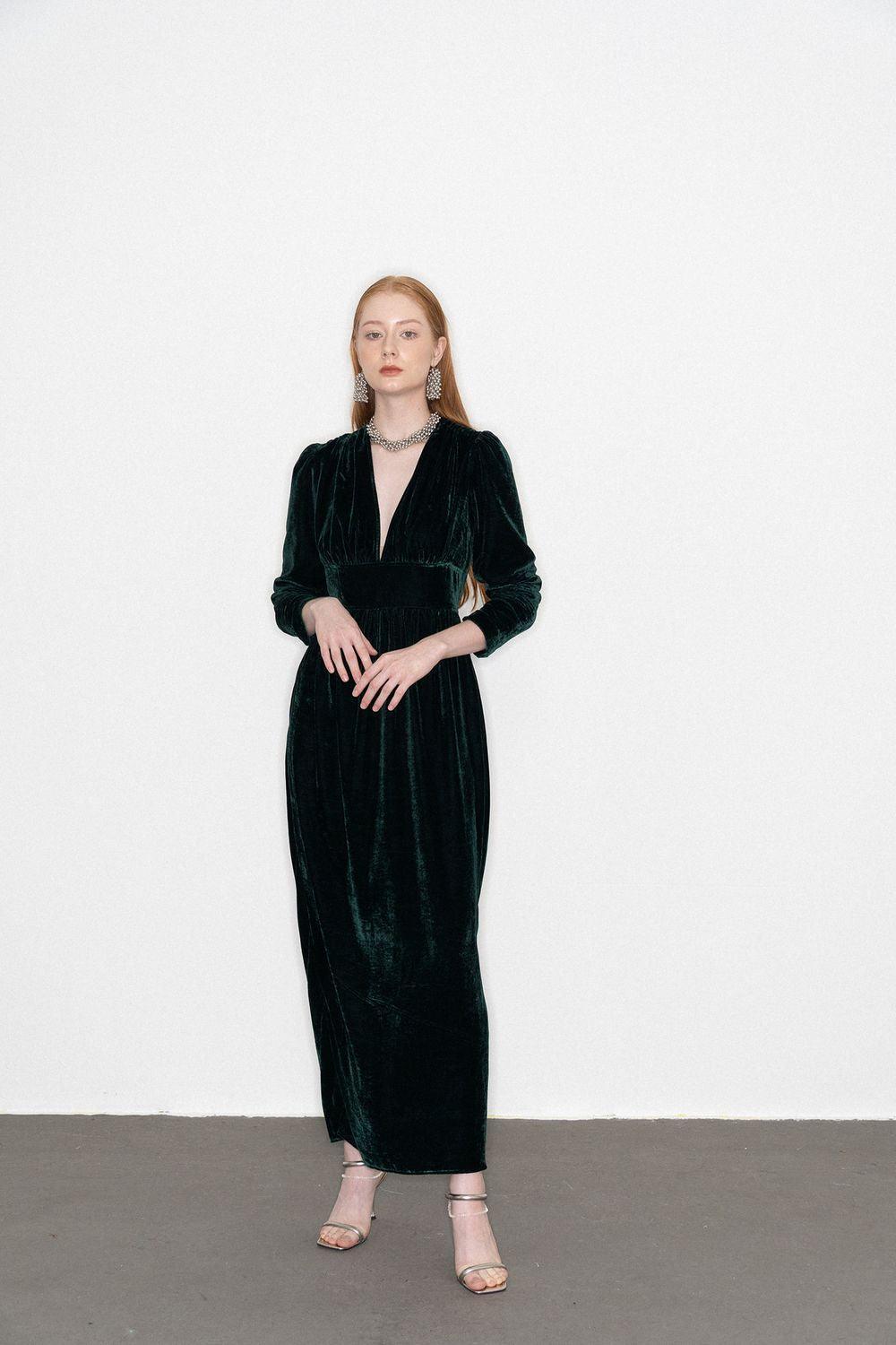 Mia Gathered V-Neck Velvet Maxi Dress - MEAN BLVD