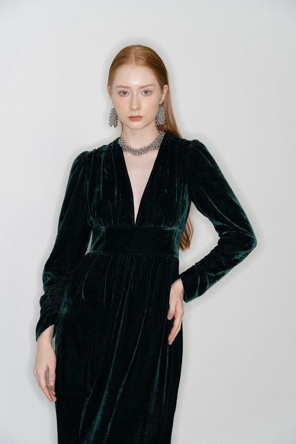 Mia Gathered V-Neck Velvet Maxi Dress - MEAN BLVD