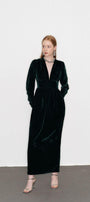 Mia Gathered V-Neck Velvet Maxi Dress - MEAN BLVD