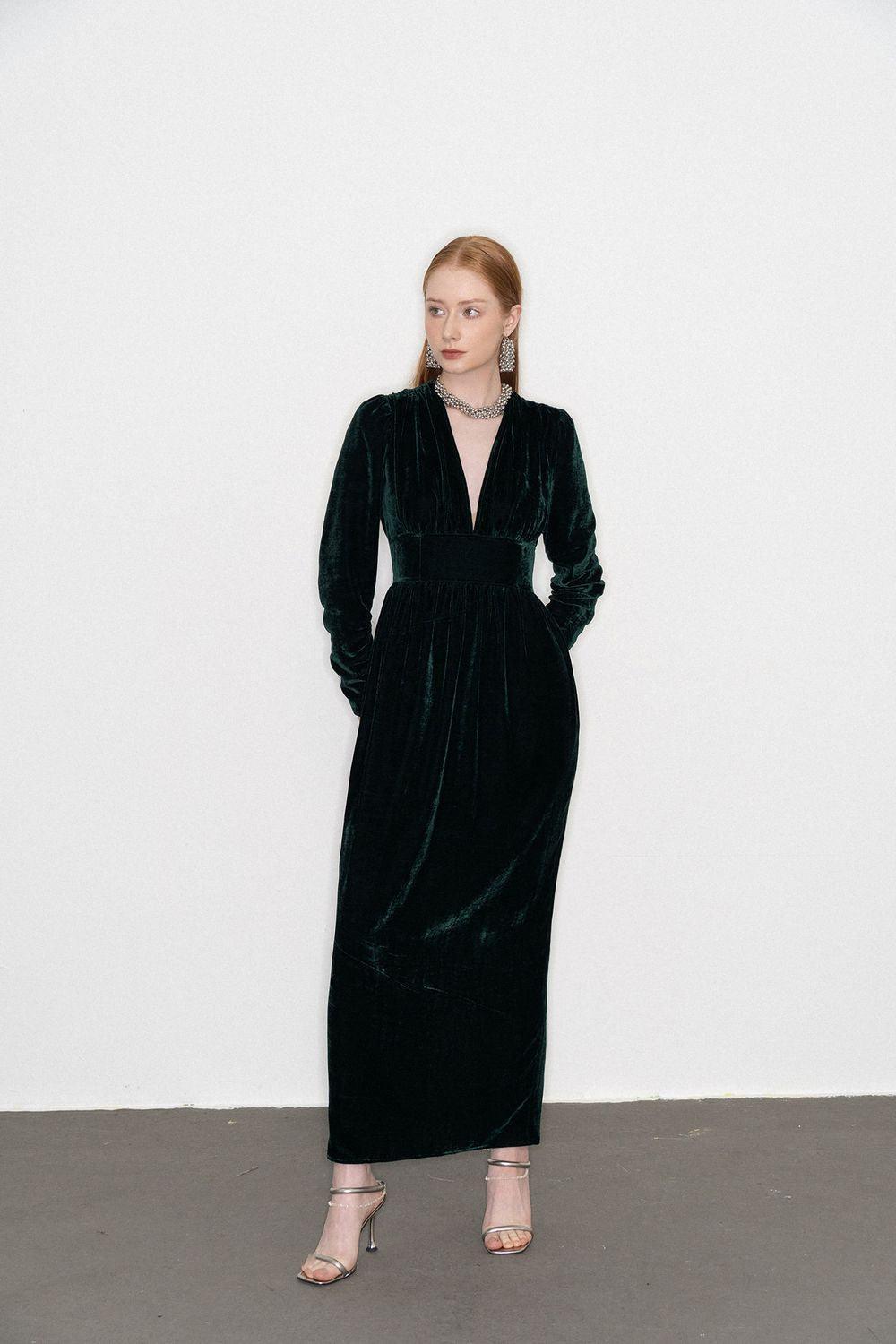 Mia Gathered V-Neck Velvet Maxi Dress - MEAN BLVD