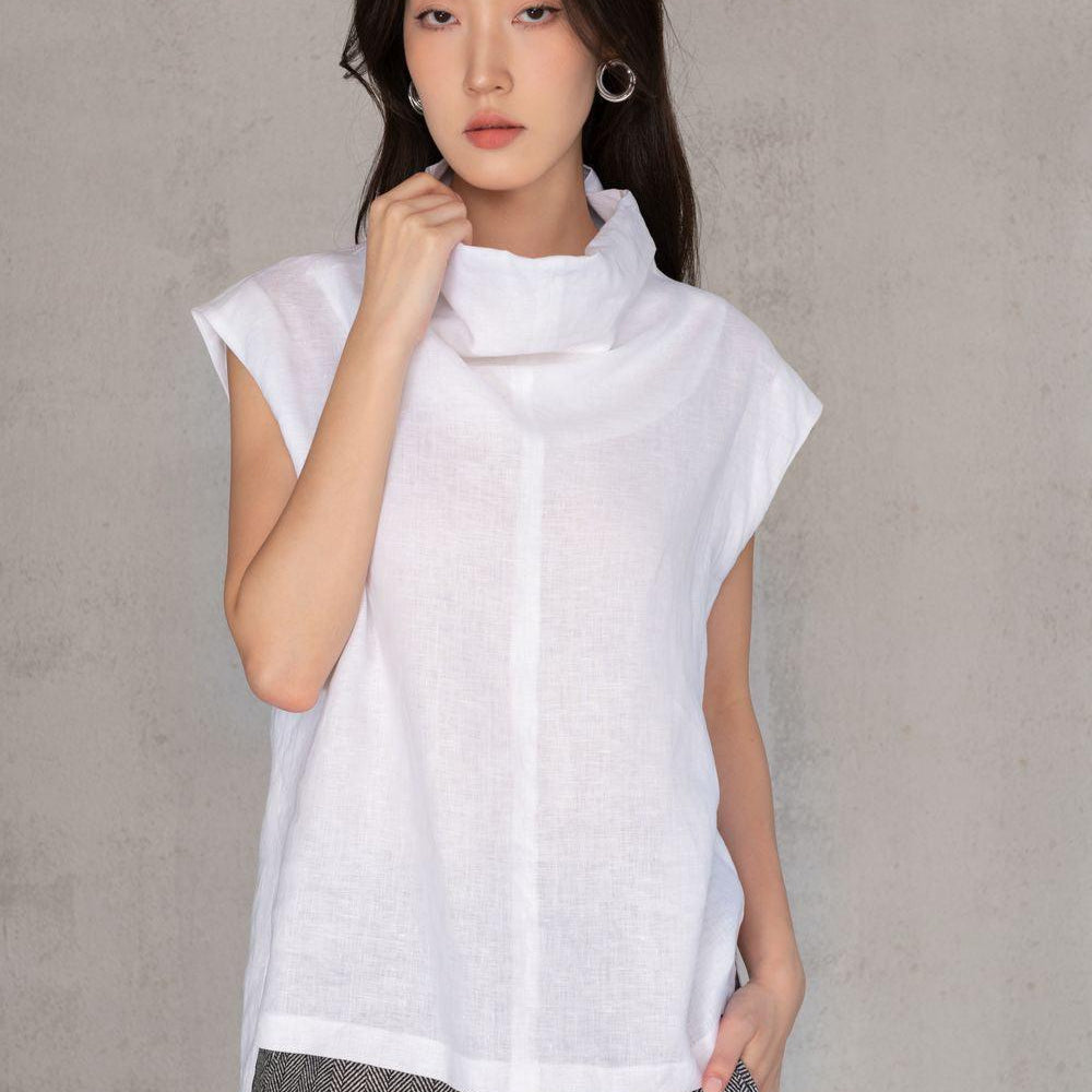Mika Straight High Neck Linen Top - MEAN BLVD