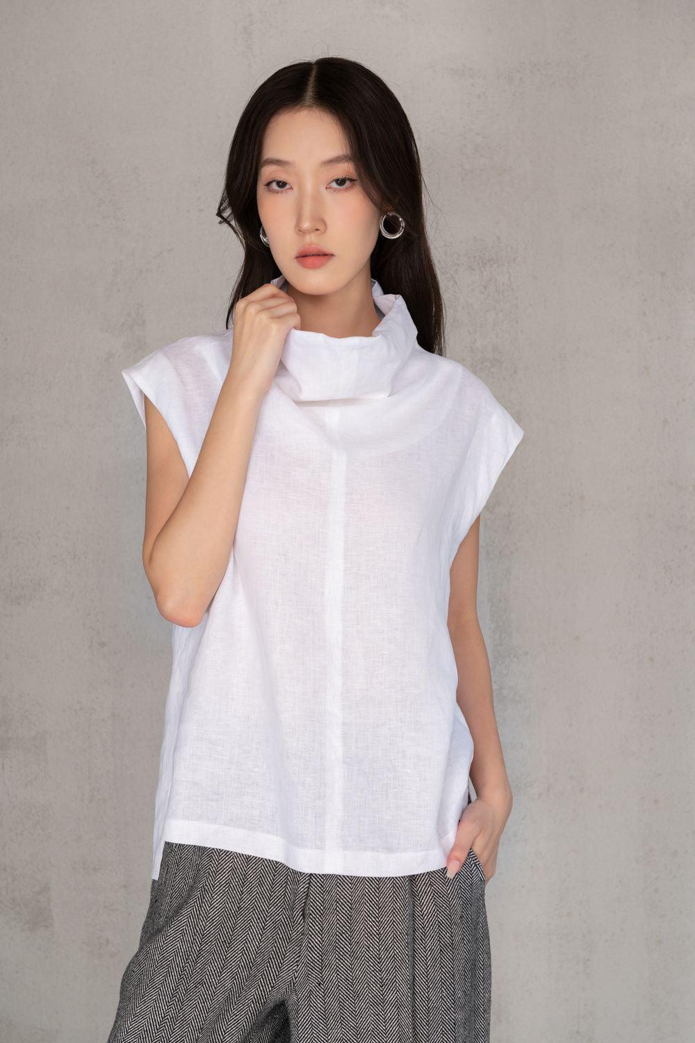 Mika Straight High Neck Linen Top - MEAN BLVD