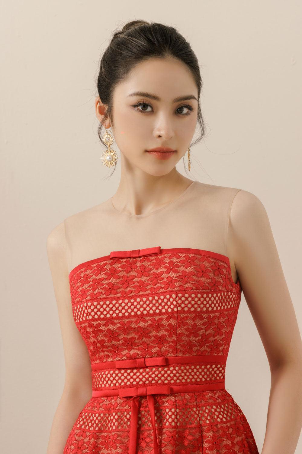 red lace illusion dress Beaded Red Lace Illusion Sleeve Trumpet Prom Dress