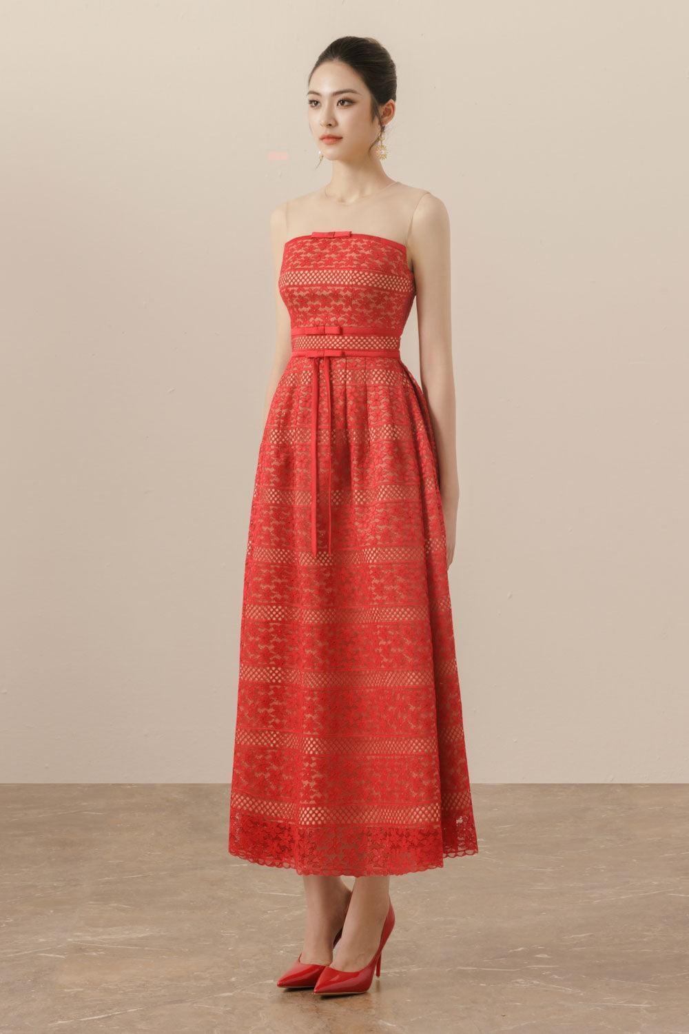 Women's Mila A-line Illusion Neck Lace Midi Dress S/M/L/XL Red MEAN BLVD Red / XL Women's Mila A-line Illusion Neck Lace Midi Dress S/M/L/XL Red MEAN BLVD Red / XL