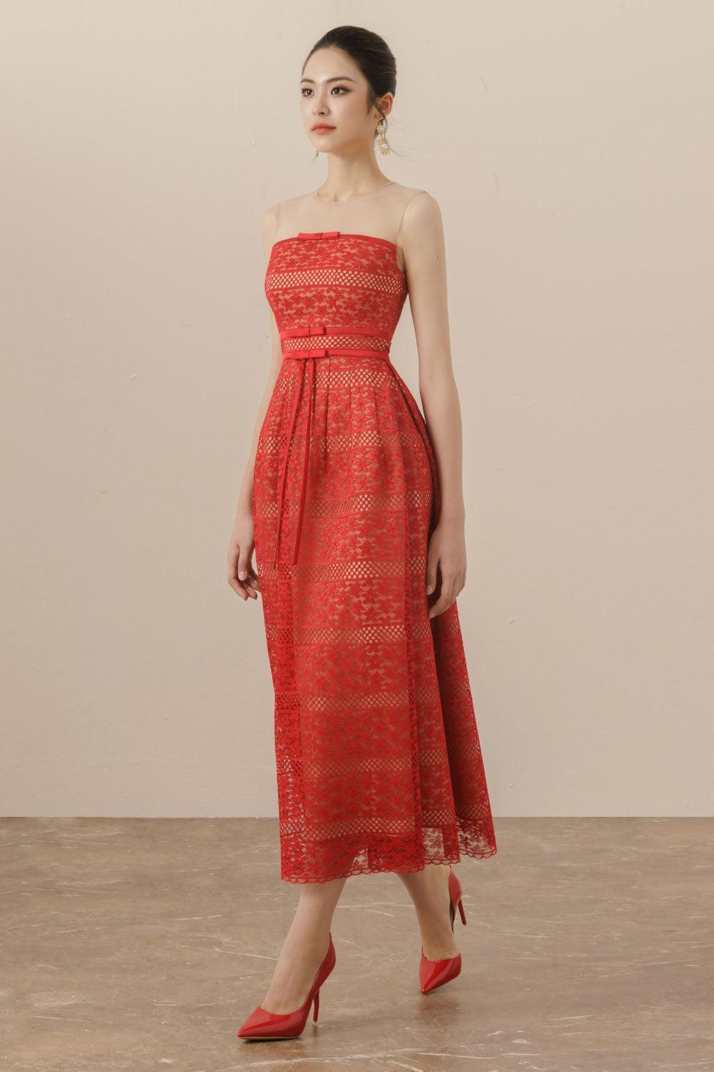 Mila A-line Illusion Neck Lace Midi Dress - MEAN BLVD