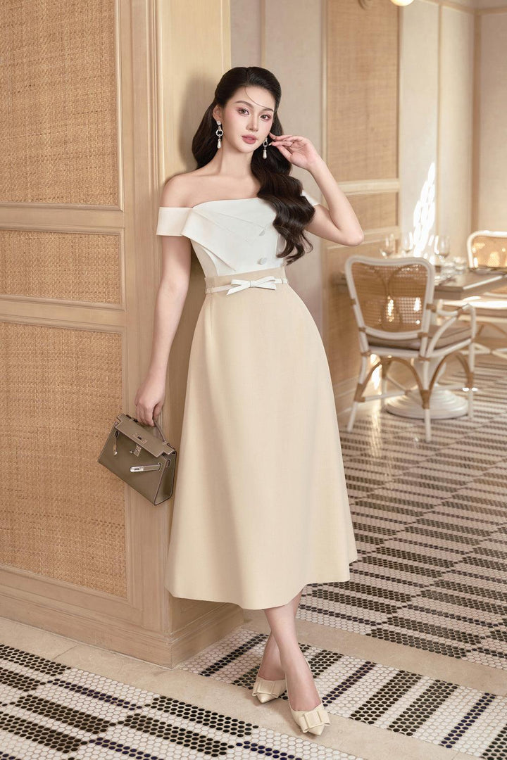 Mila A-line Off-Shoulder Linen Cotton Midi Dress - MEAN BLVD