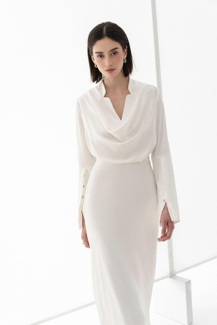 Mila A-line V-Neck Silk Midi Dress - MEAN BLVD