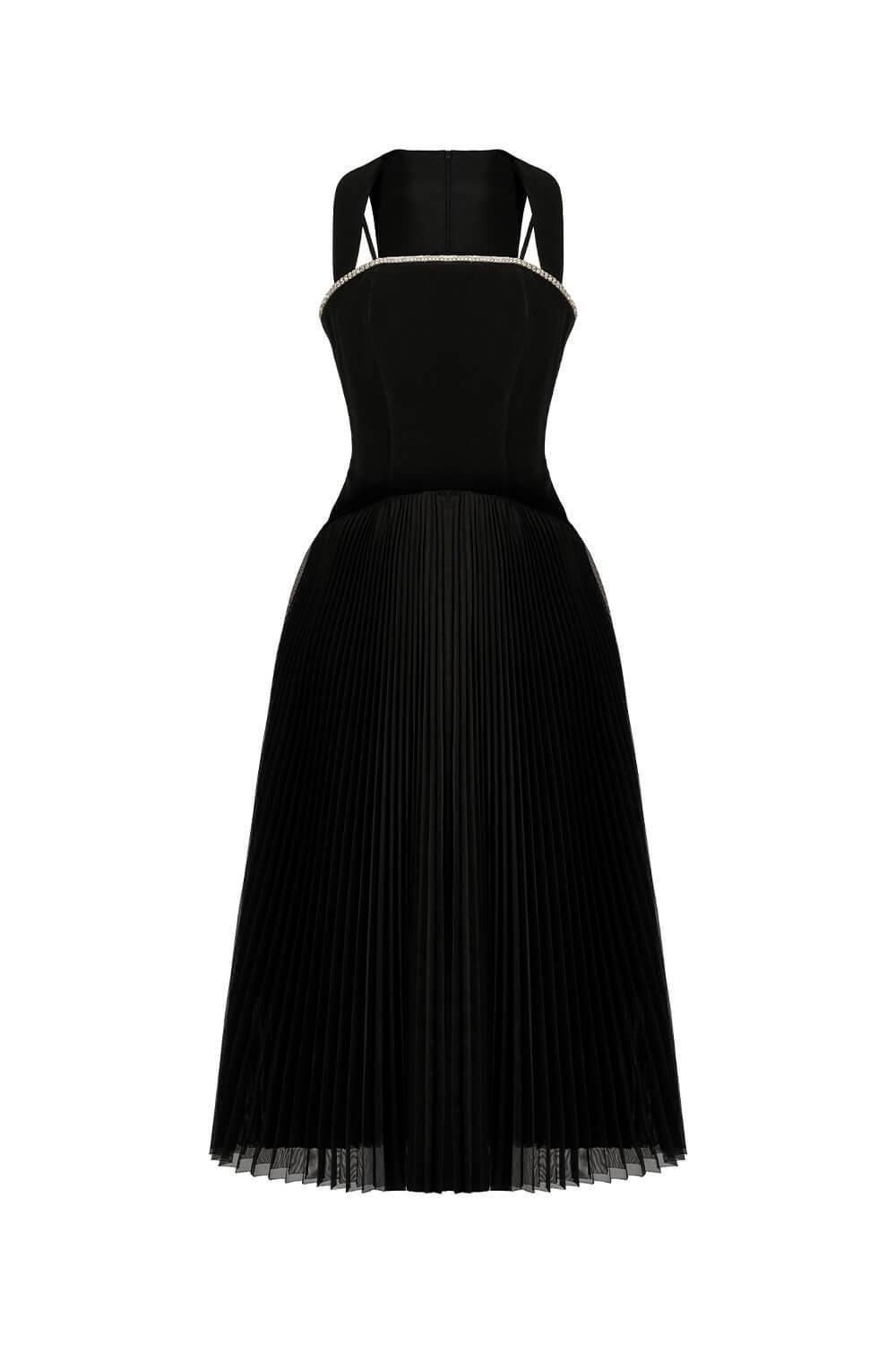 Milcah Pleated Strappy Velvet Midi Dress - MEAN BLVD