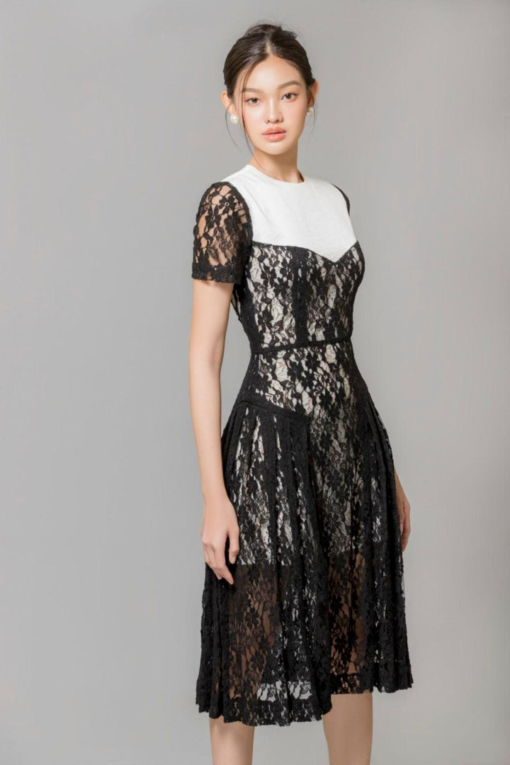 Miley A-line Side Pleated Cotton Lace Midi Dress - MEAN BLVD