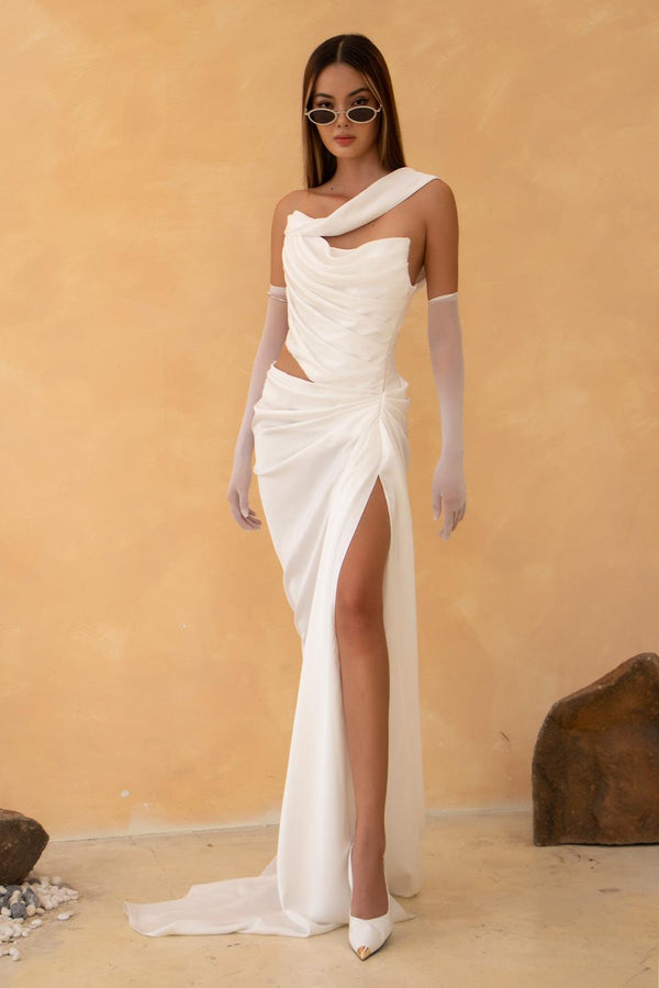 Milky Slit Draped Silk Floor Length Dress