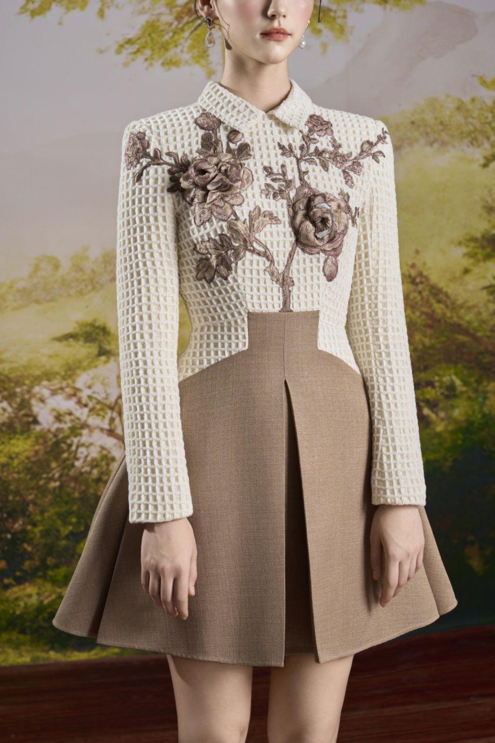 Women's Millie Fit and Flare Long Sleeved Tweed Mini Dress S/M/L Cream Brown MEAN BLVD Cream Brown / M Women's Millie Fit and Flare Long Sleeved Tweed Mini Dress S/M/L Cream Brown MEAN BLVD Cream Brown / M
