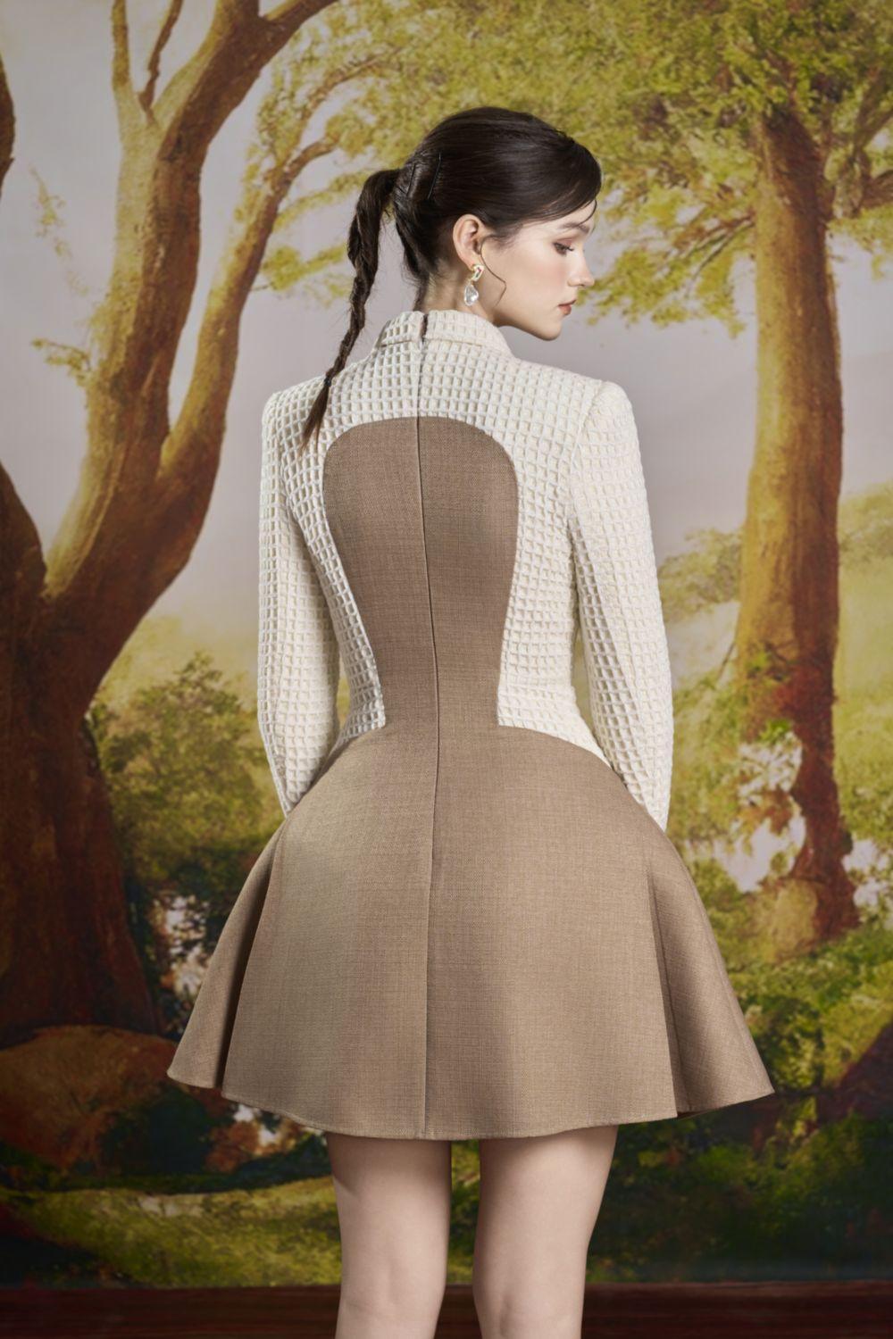 Women's Millie Fit and Flare Long Sleeved Tweed Mini Dress S/M/L Cream Brown MEAN BLVD Cream Brown / M Women's Millie Fit and Flare Long Sleeved Tweed Mini Dress S/M/L Cream Brown MEAN BLVD Cream Brown / M