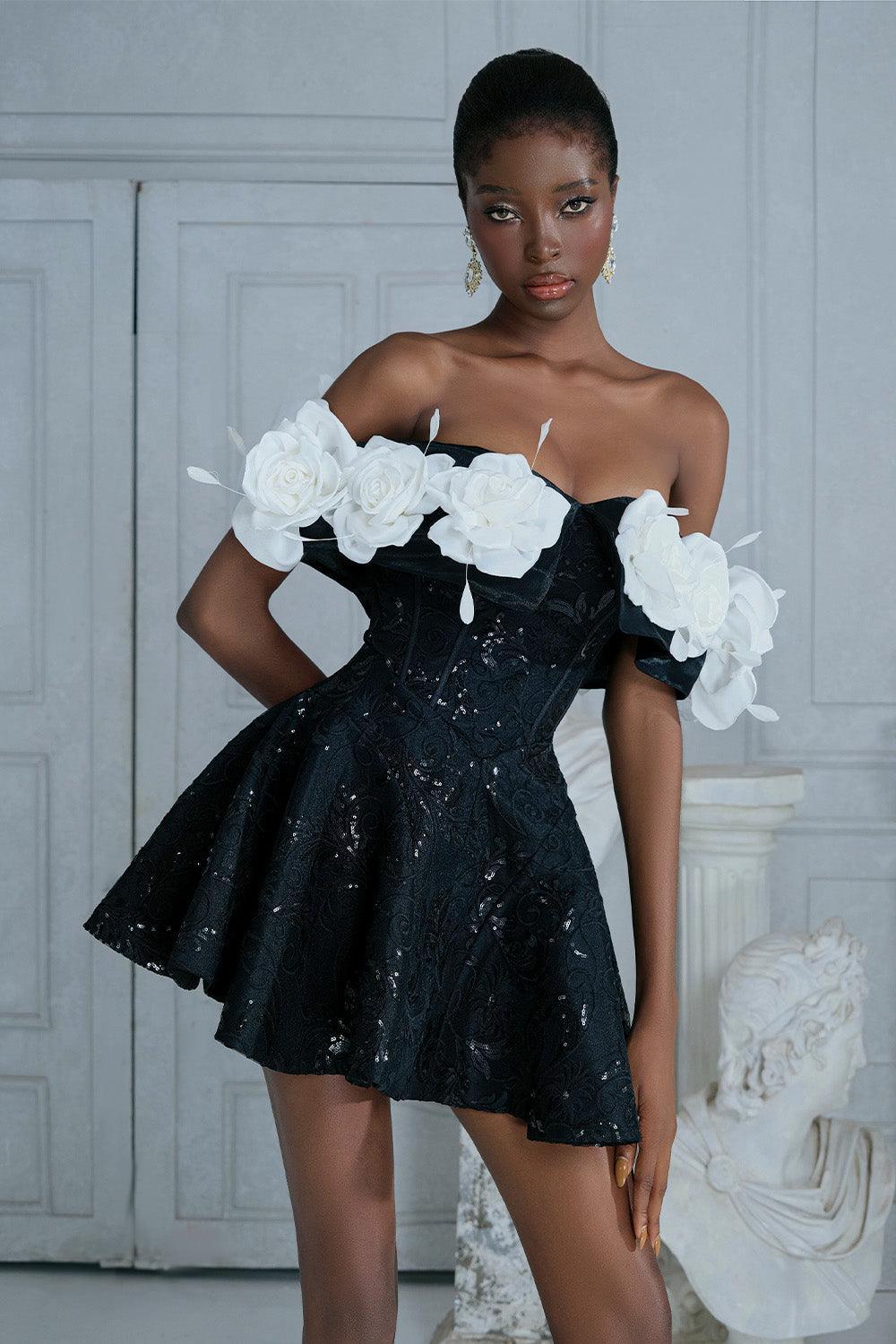 Mina Rose Fit and Flare Off-Shoulder Sequin Mini Dress Black / Customize
