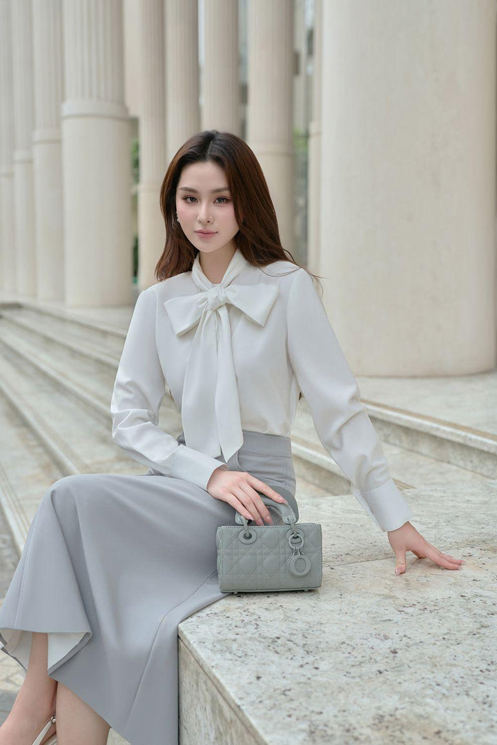 Mina Straight Bow Tie Cotton Silk Shirt S White