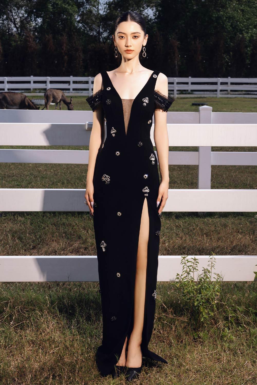 Women's Mindy Slit Cold Shoulder Sleeved Cotton Silk Floor Length Dress Customize Black MEAN BLVD