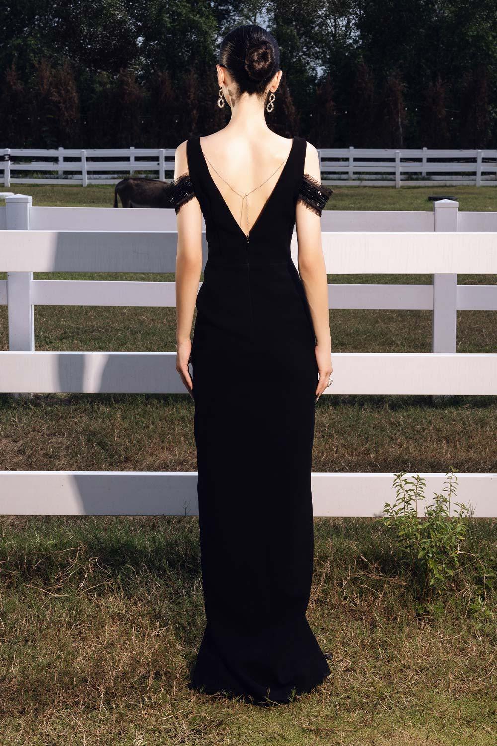Women's Mindy Slit Cold Shoulder Sleeved Cotton Silk Floor Length Dress Customize Black MEAN BLVD