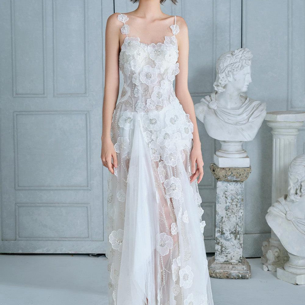 Mirina Mermaid See-Through Mesh Lace Floor Length Dress - MEAN BLVD