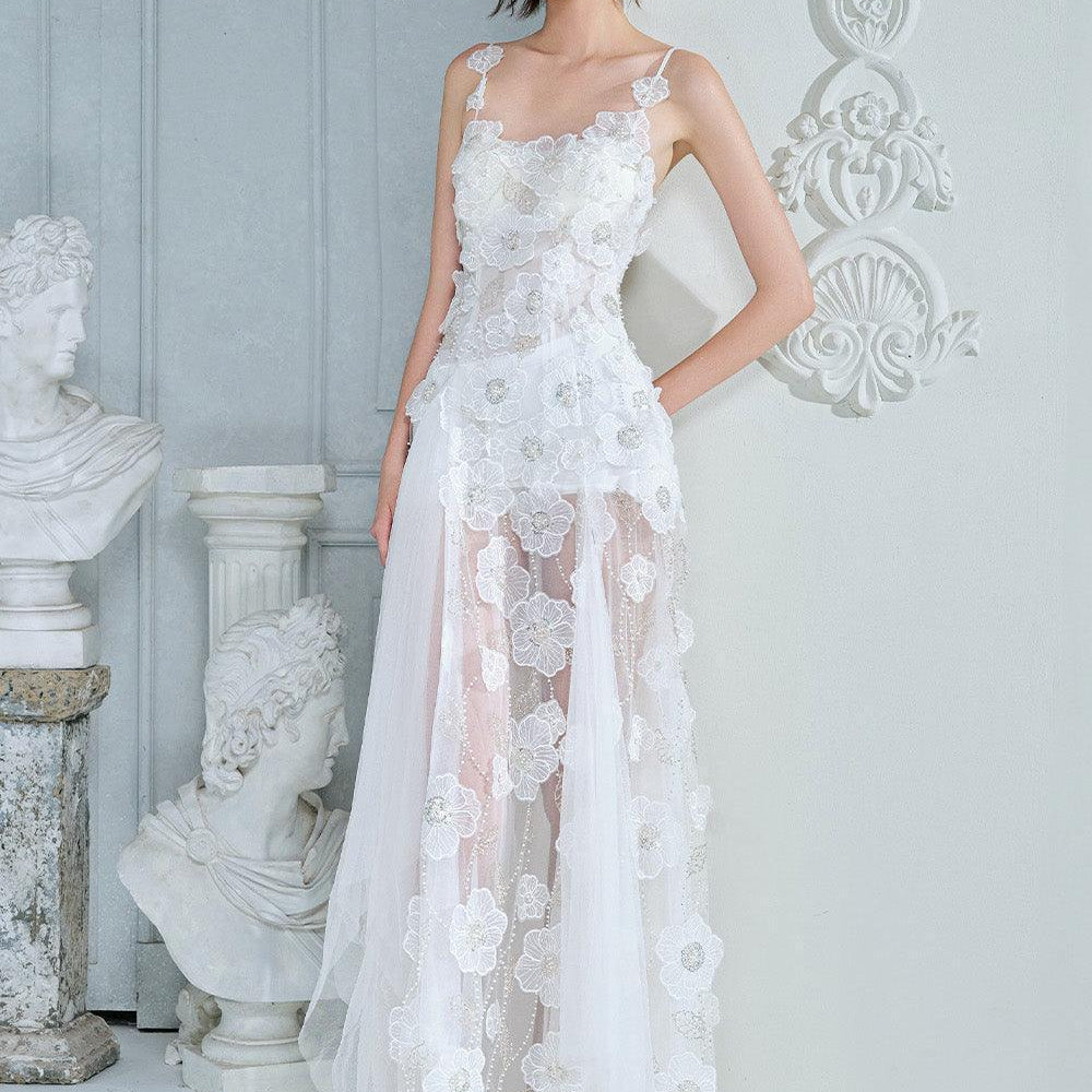 Mirina Mermaid See-Through Mesh Lace Floor Length Dress - MEAN BLVD