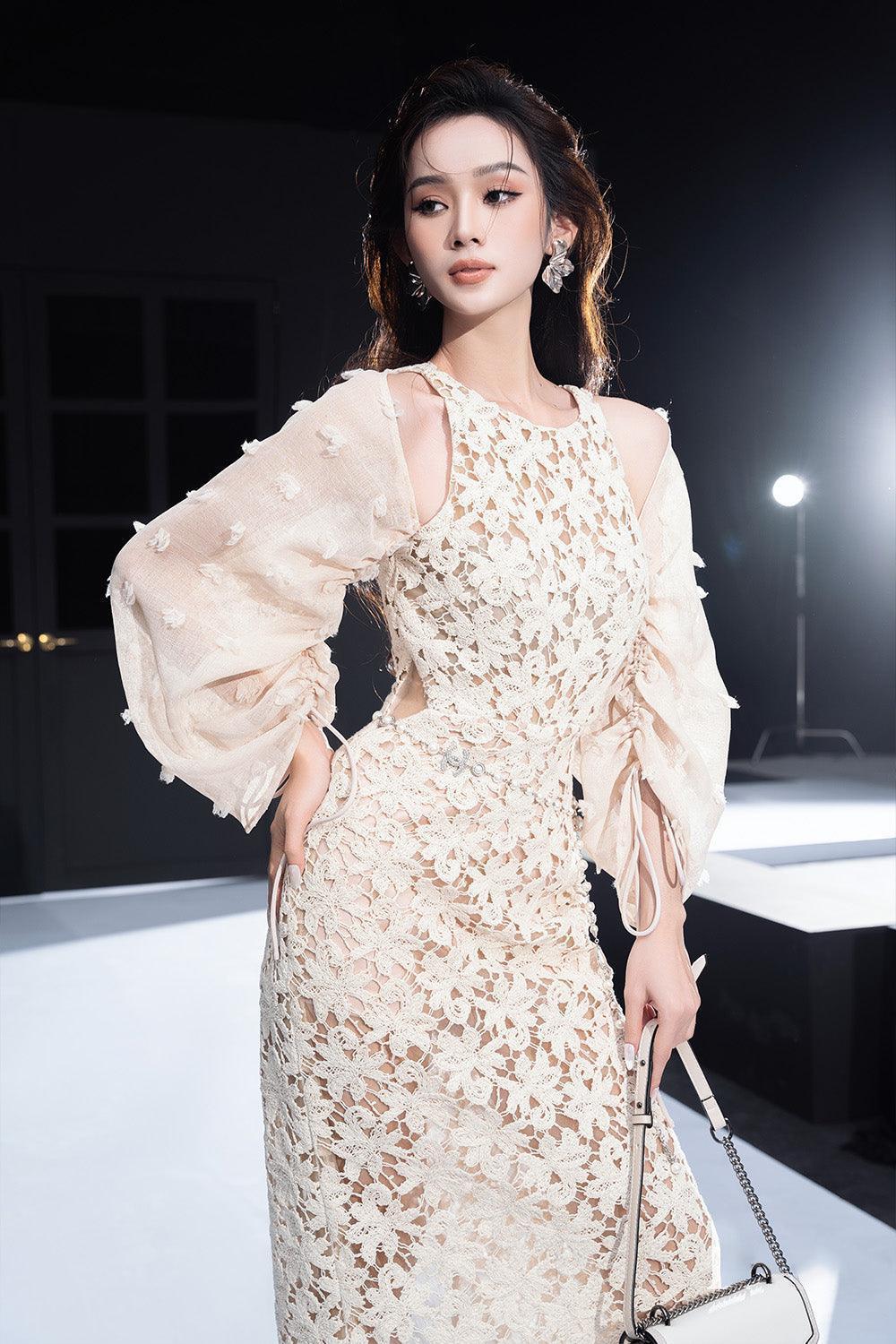 round neck midi dress with sleeves Women's Miyake Sheath Round Neck Lace Midi Dress S/M/L Nude/White MEAN BLVD S / Nude