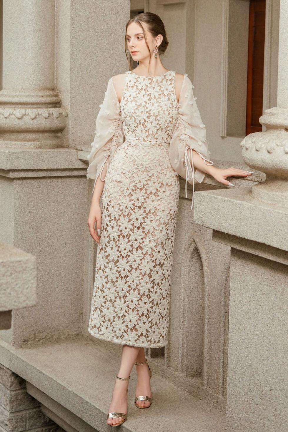 Women's Miyake Sheath Round Neck Lace Midi Dress S/M/L Nude/White MEAN BLVD S / Nude Women's Miyake Sheath Round Neck Lace Midi Dress S/M/L Nude/White MEAN BLVD S / Nude