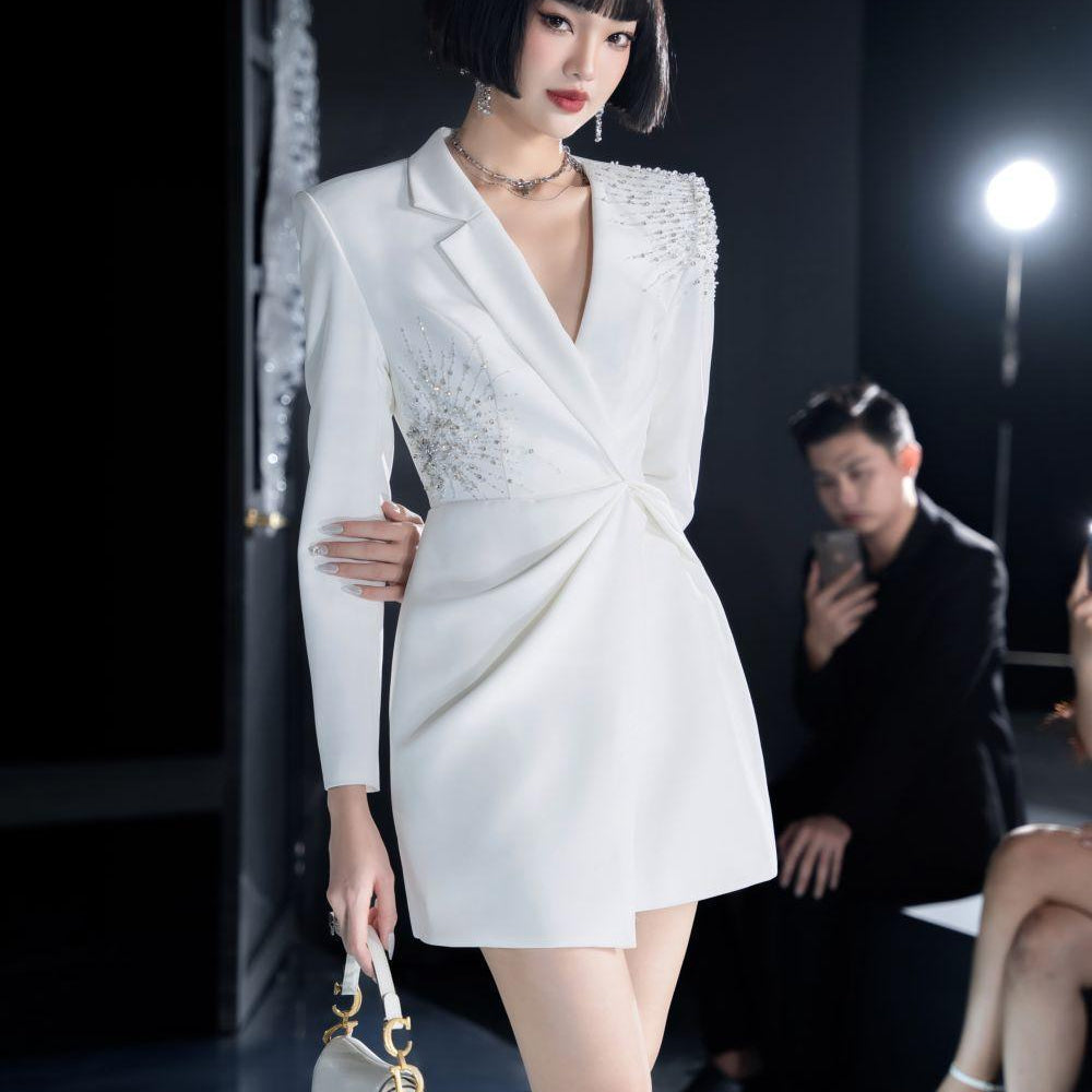 Women's Mogra Wrap Notch Lapel Polycotton Mini Dress S/M/L White MEAN BLVD, S / White