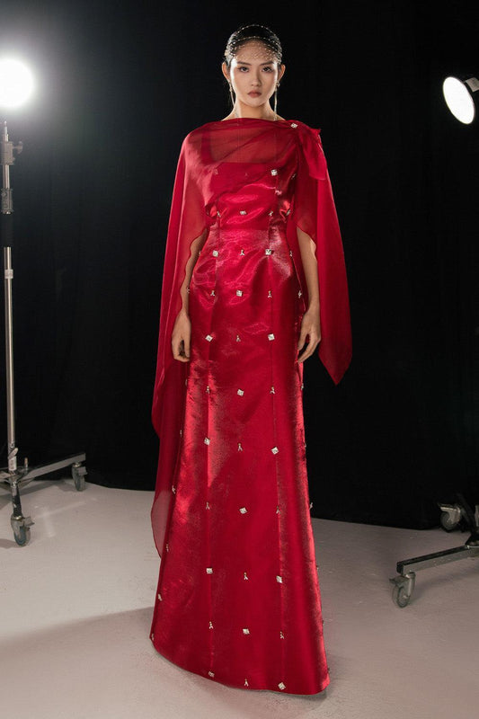 Morales A-line Cape Shoulder Taffeta Silk Floor Length Set - MEAN BLVD