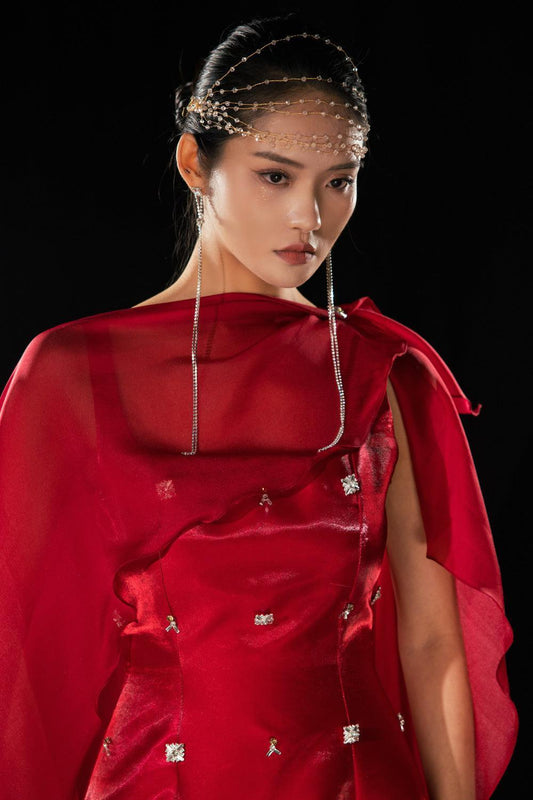 Morales A-line Cape Shoulder Taffeta Silk Floor Length Set - MEAN BLVD