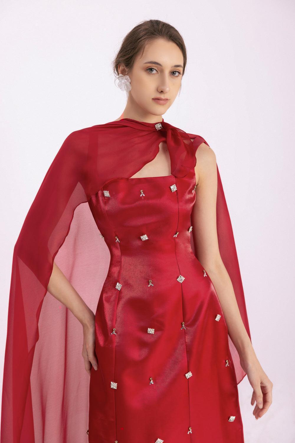 Morales A-line Cape Shoulder Taffeta Silk Floor Length Set - MEAN BLVD