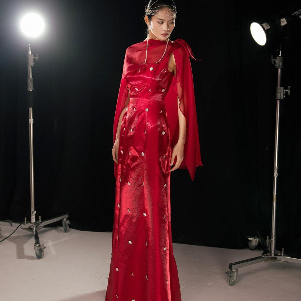 Morales A-line Cape Shoulder Taffeta Silk Floor Length Set - MEAN BLVD