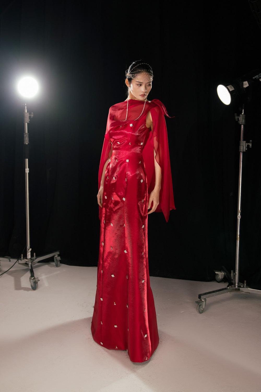Morales A-line Cape Shoulder Taffeta Silk Floor Length Set - MEAN BLVD