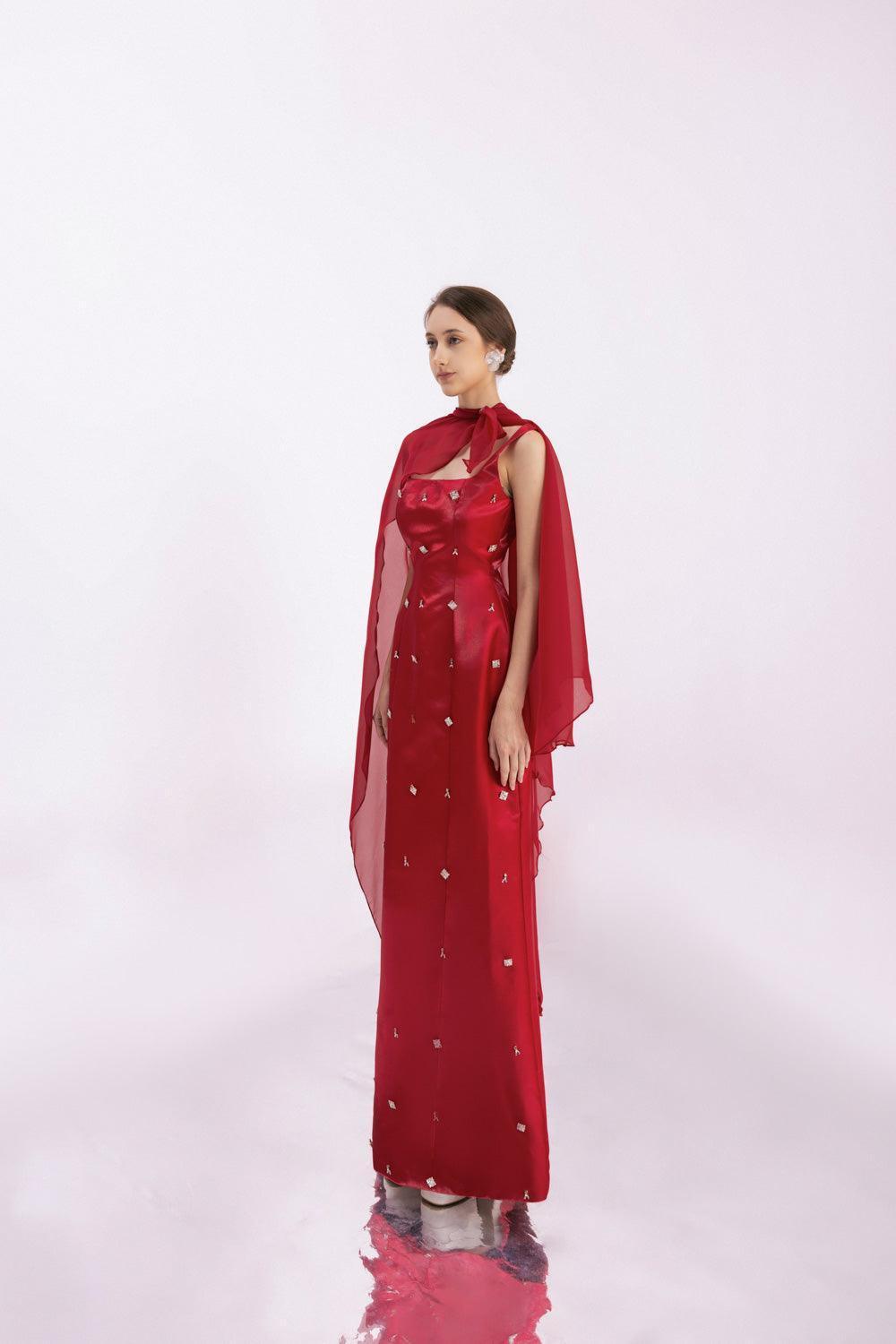 Morales A-line Cape Shoulder Taffeta Silk Floor Length Set - MEAN BLVD