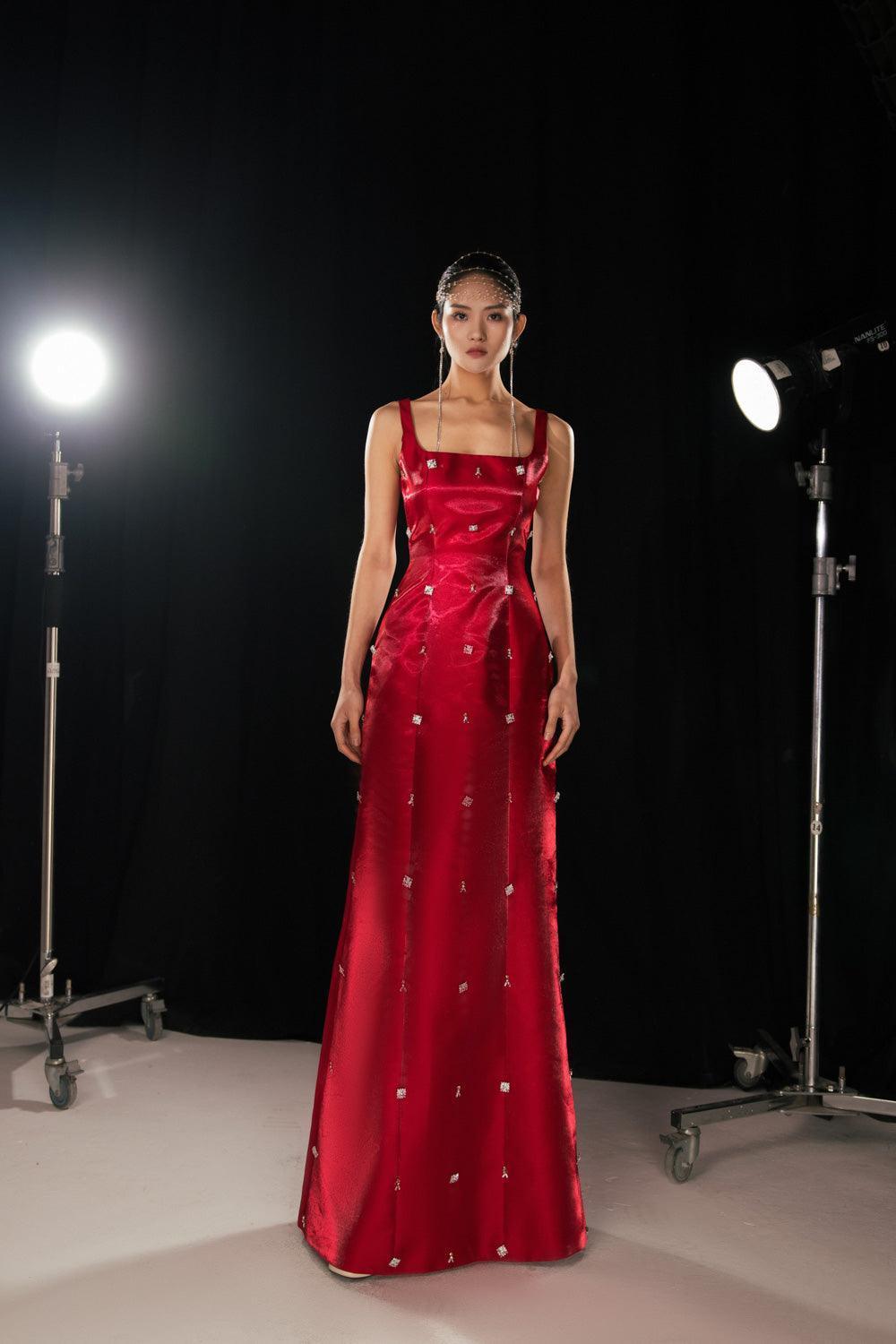 Morales A-line Square Neck Taffeta Silk Floor Length Dress Red / XL