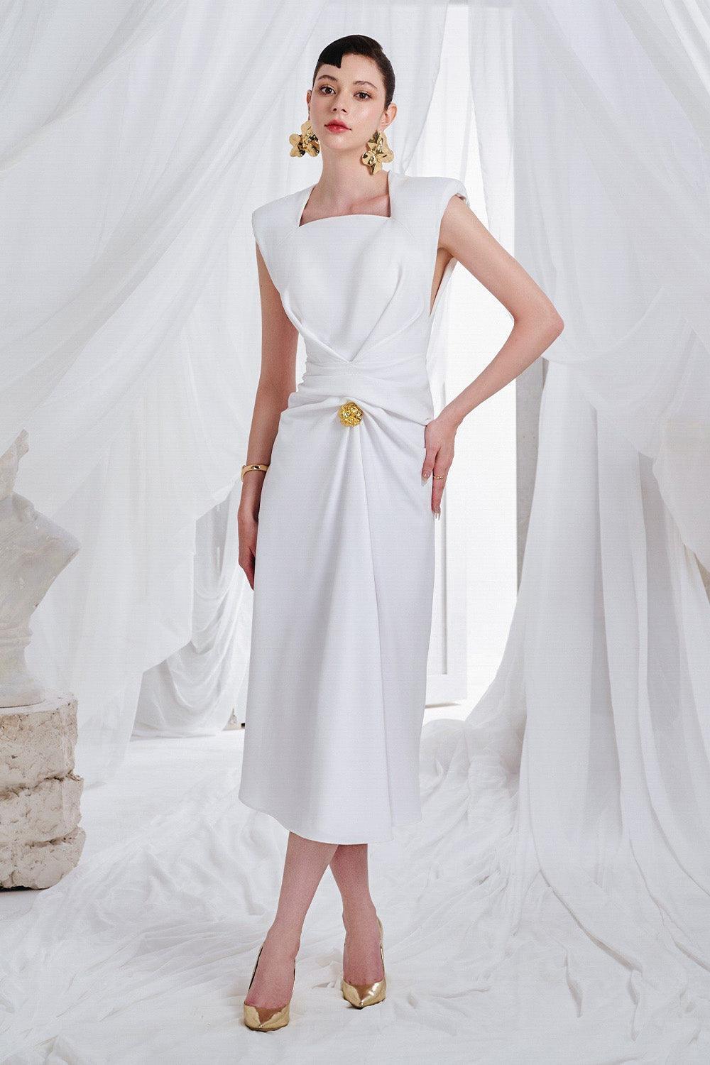 Moreno Sheath Queen Anne Neck Synthetic Midi Dress - MEAN BLVD