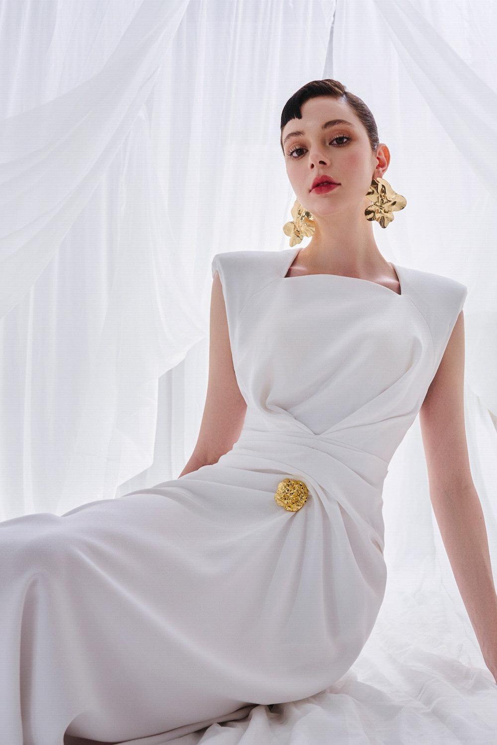 Moreno Sheath Queen Anne Neck Synthetic Midi Dress - MEAN BLVD