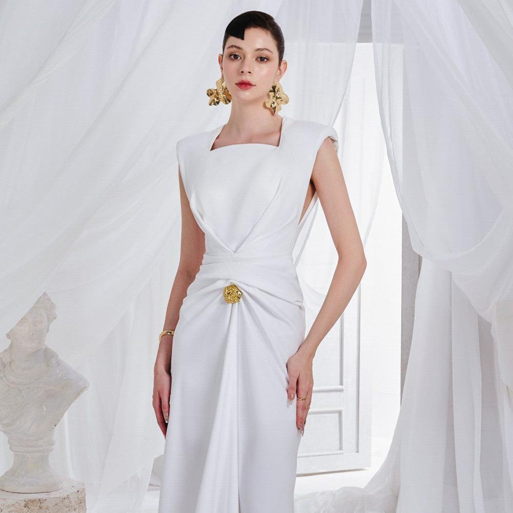 Moreno Sheath Queen Anne Neck Synthetic Midi Dress - MEAN BLVD