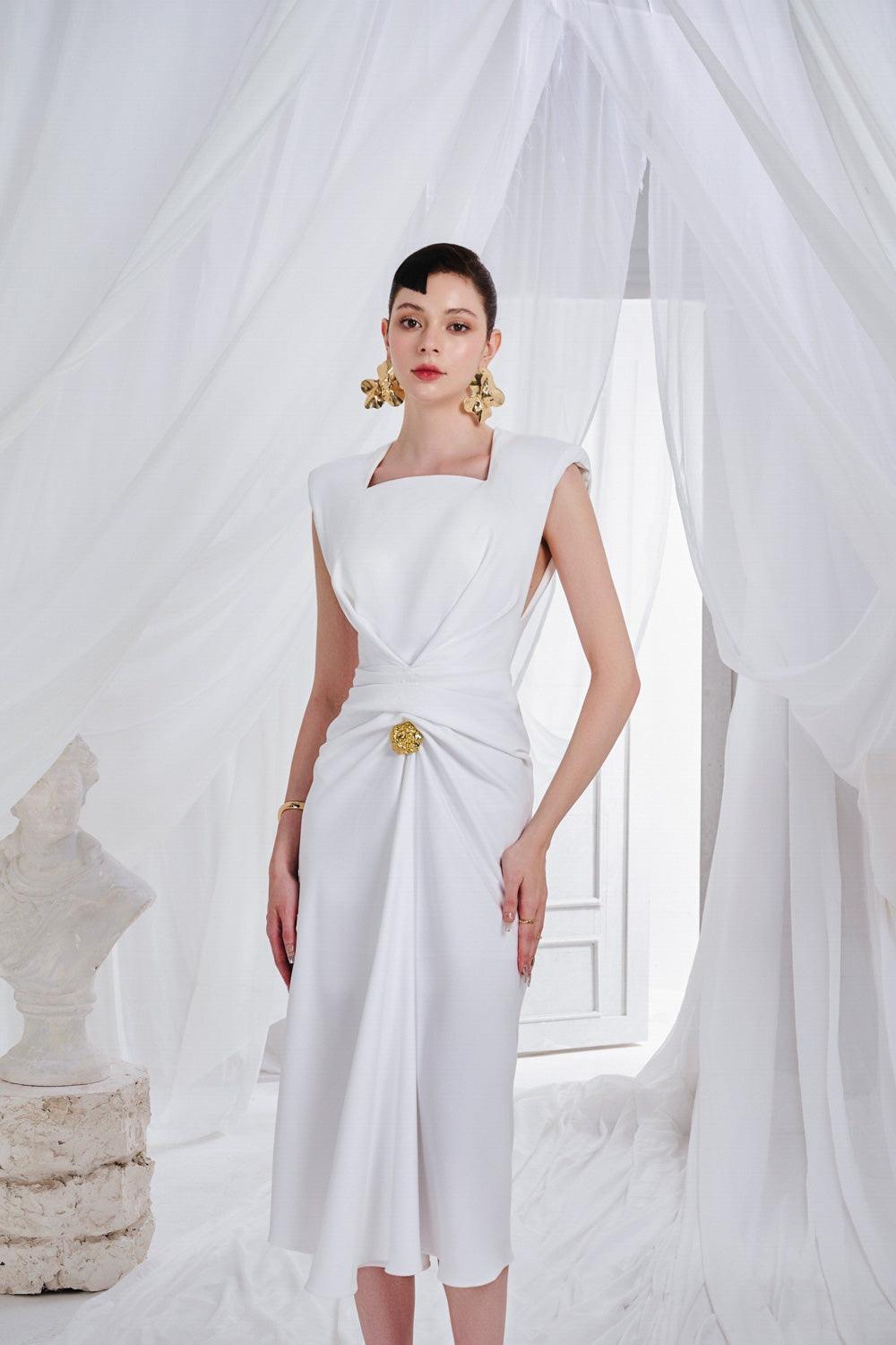 Moreno Sheath Queen Anne Neck Synthetic Midi Dress - MEAN BLVD