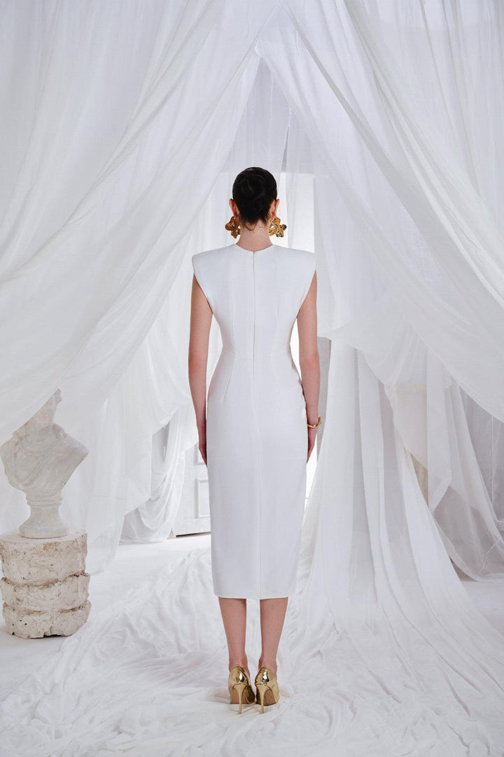 Moreno Sheath Queen Anne Neck Synthetic Midi Dress - MEAN BLVD