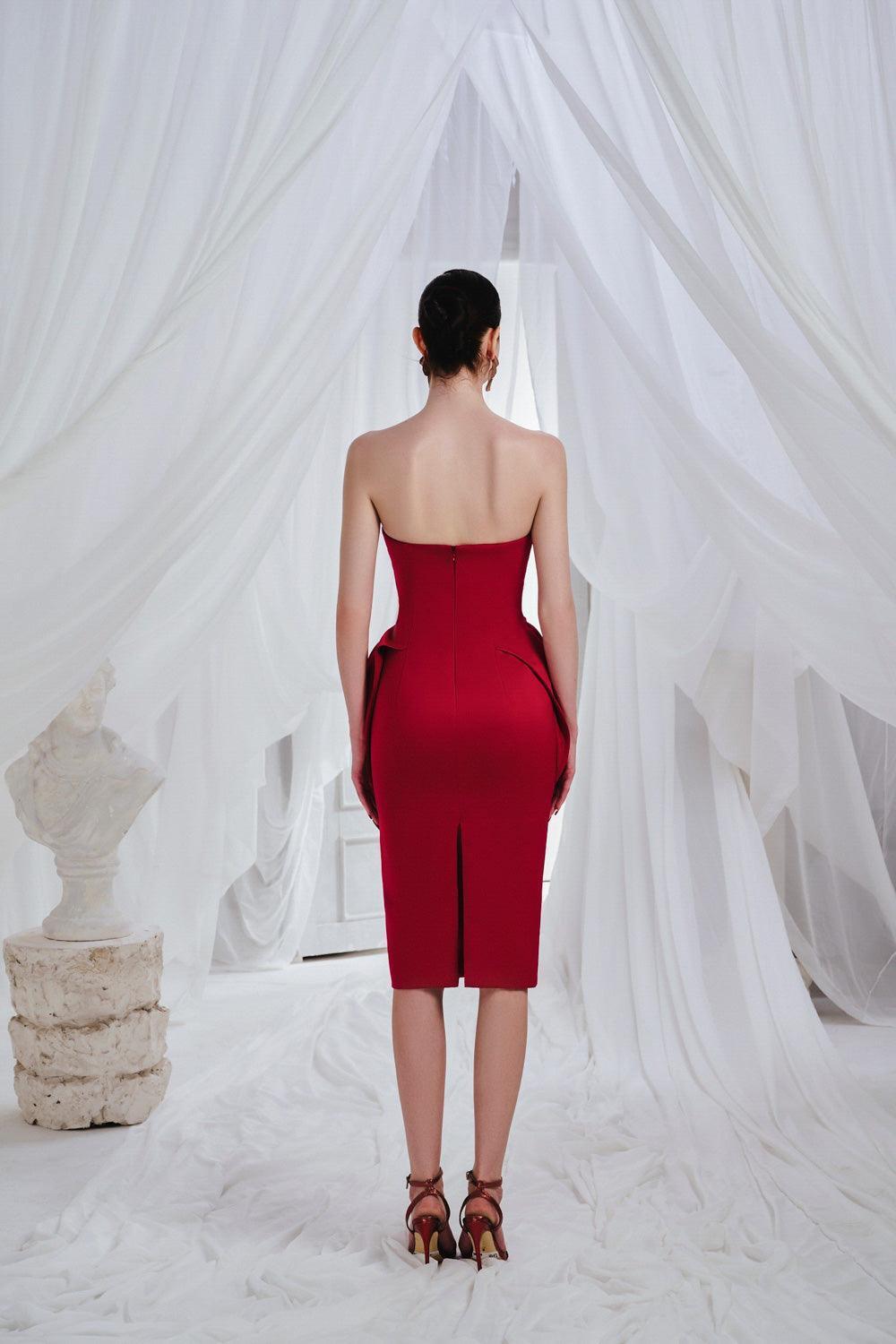 Women's Morris Pencil Semi-Heart Neck Organdy Below The Knee Dress S/M/L Red MEAN BLVD Women's Morris Pencil Semi-Heart Neck Organdy Below The Knee Dress S/M/L Red MEAN BLVD