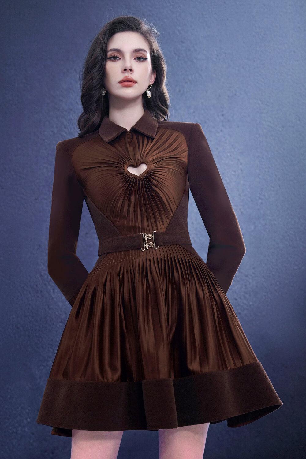 Women's Moxique A-Line Pleated Chest Silk Mini Dress S/M/L Brown Mean Blvd S / Brown Women's Moxique A-Line Pleated Chest Silk Mini Dress S/M/L Brown Mean Blvd S / Brown