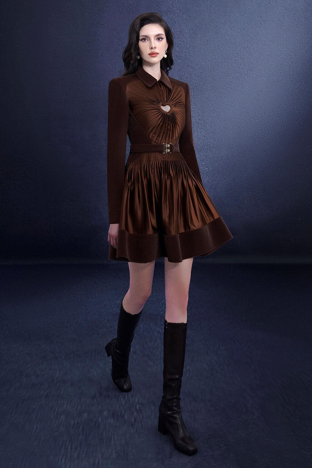 Women's Moxique A-line Pleated Chest Silk Mini Dress S/M/L Brown MEAN BLVD, S / Brown Women's Moxique A-line Pleated Chest Silk Mini Dress S/M/L Brown MEAN BLVD, S / Brown
