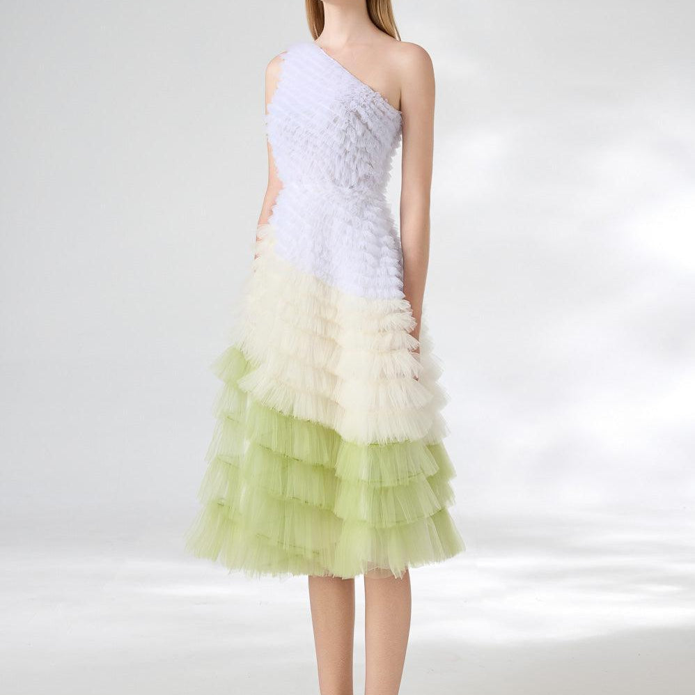 Murphy A-line One Shoulder Organza Below The Knee Dress - MEAN BLVD